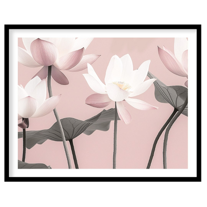 This serene digital illustration features stylized lotus flowers in soft pink and white tones again… for sweet home