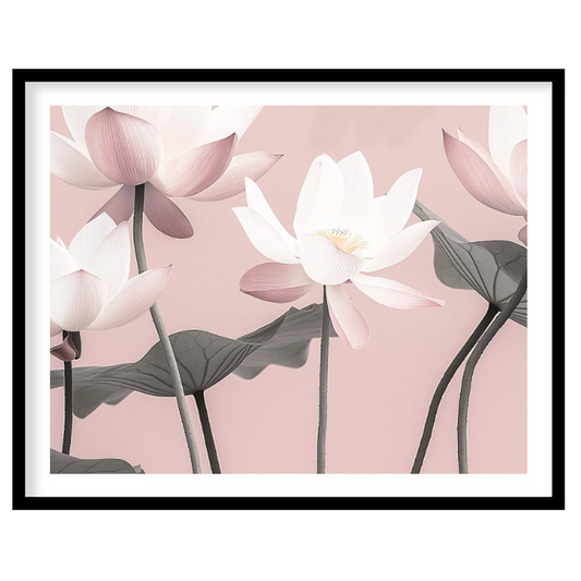 This serene digital illustration features stylized lotus flowers in soft pink and white tones again… for sweet home