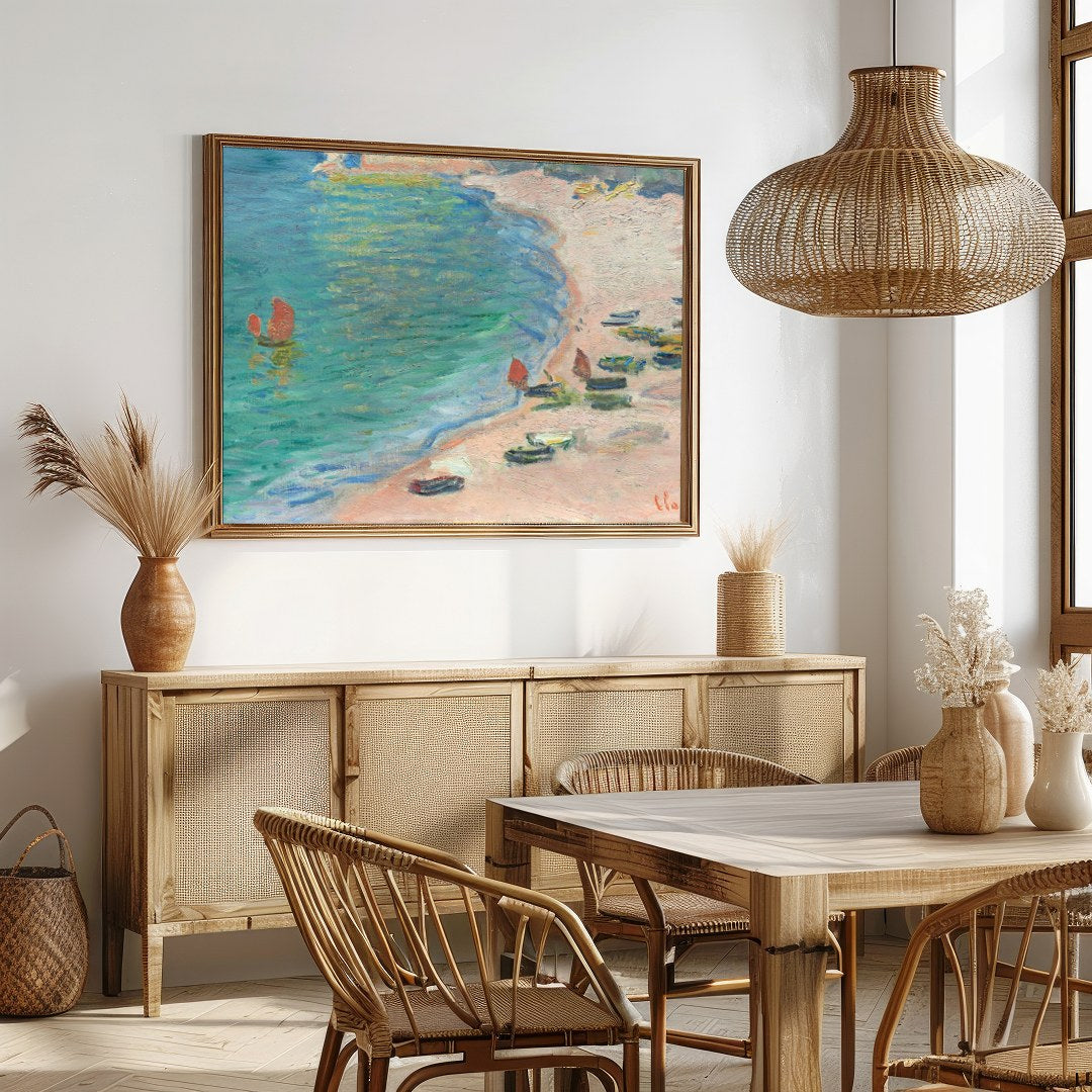 This Impressionist artwork captures a serene coastal scene, with small boats gently resting on a for Dining