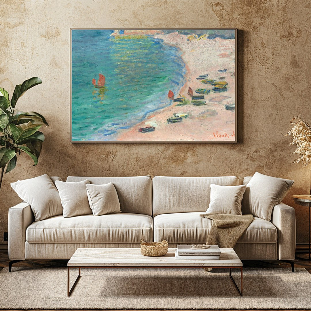 This Impressionist artwork captures a serene coastal scene, with small boats gently resting on a for Family Room