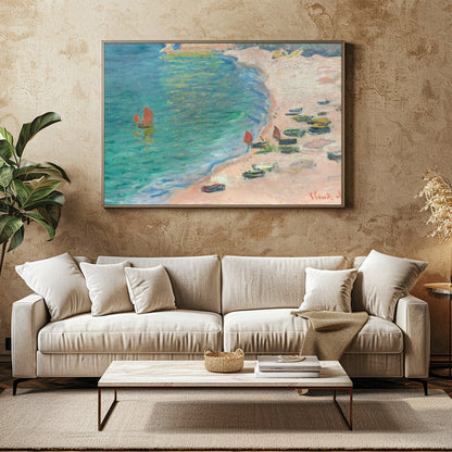 This Impressionist artwork captures a serene coastal scene, with small boats gently resting on a for Family Room