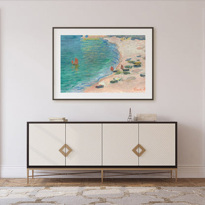 This Impressionist artwork captures a serene coastal scene, with small boats gently resting on a for Foyer