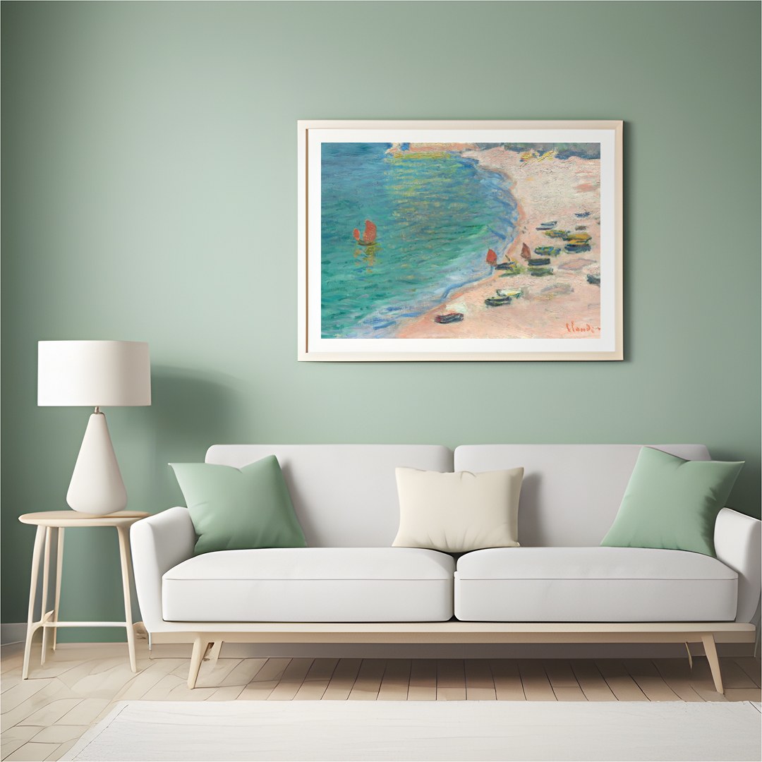 This Impressionist artwork captures a serene coastal scene, with small boats gently resting on a for Hall