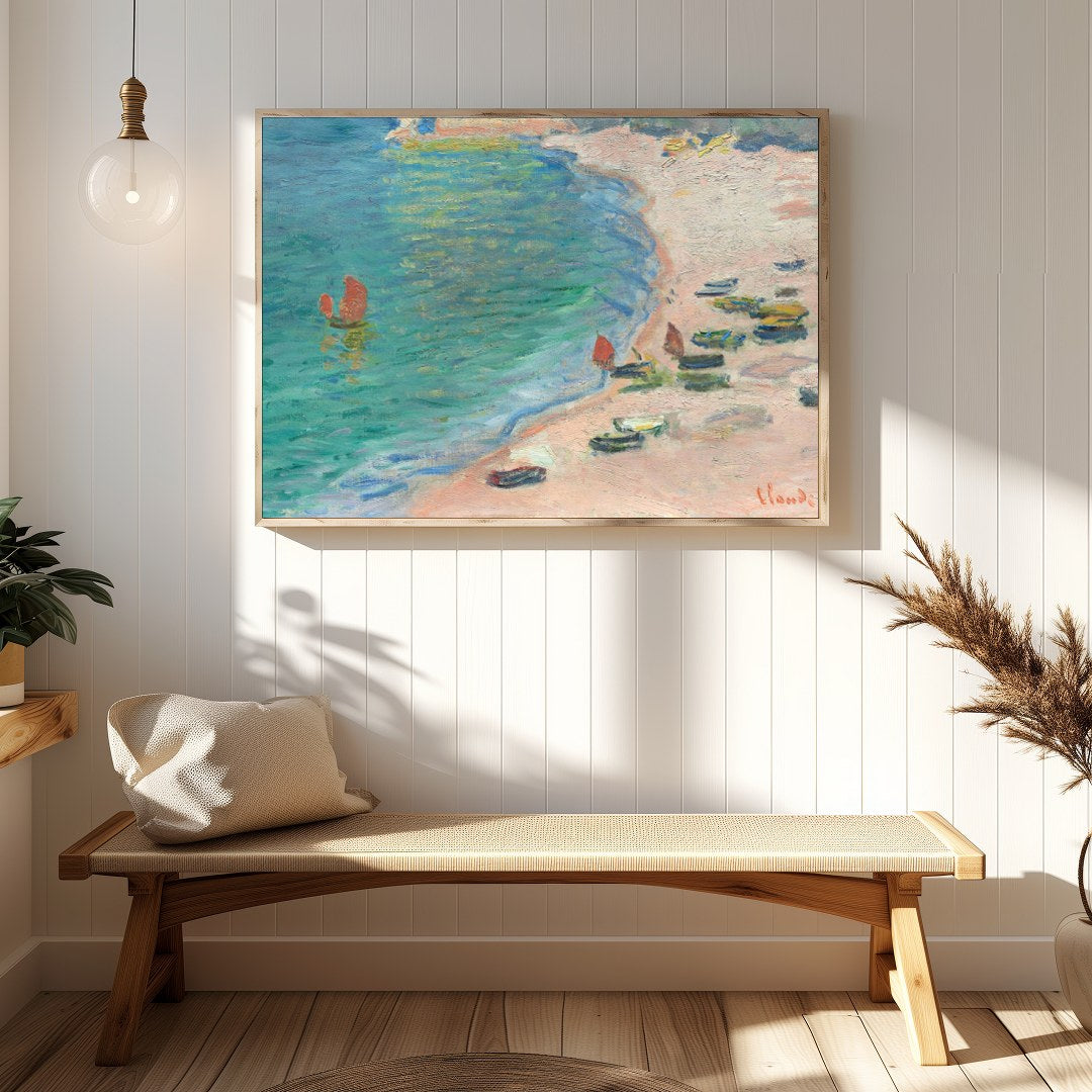 This Impressionist artwork captures a serene coastal scene, with small boats gently resting on a for Hallway