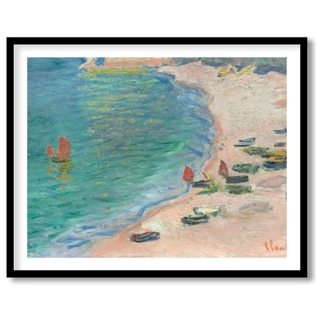 This Impressionist artwork captures a serene coastal scene, with small boats gently resting on a for interior