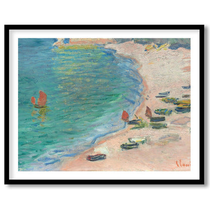This Impressionist artwork captures a serene coastal scene, with small boats gently resting on a for interior
