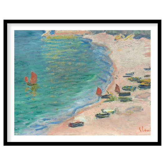 This Impressionist artwork captures a serene coastal scene, with small boats gently resting on a for interior
