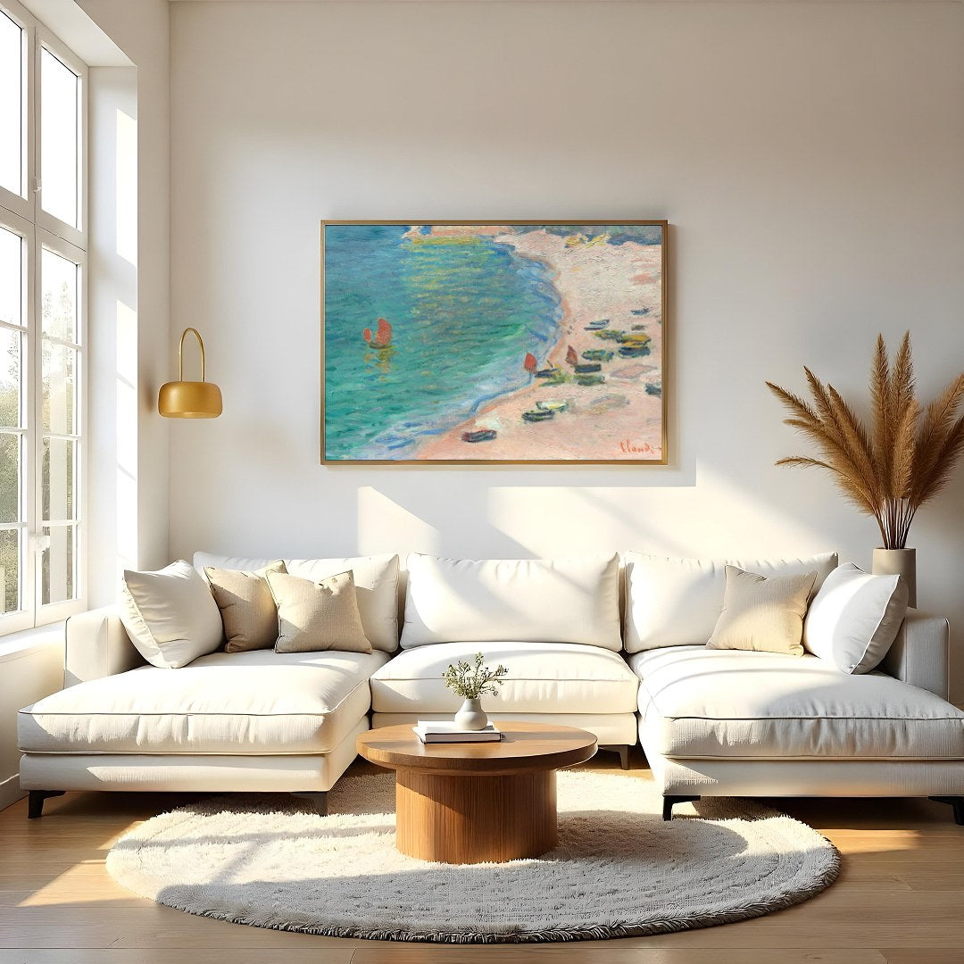 This Impressionist artwork captures a serene coastal scene, with small boats gently resting on a for Living Room