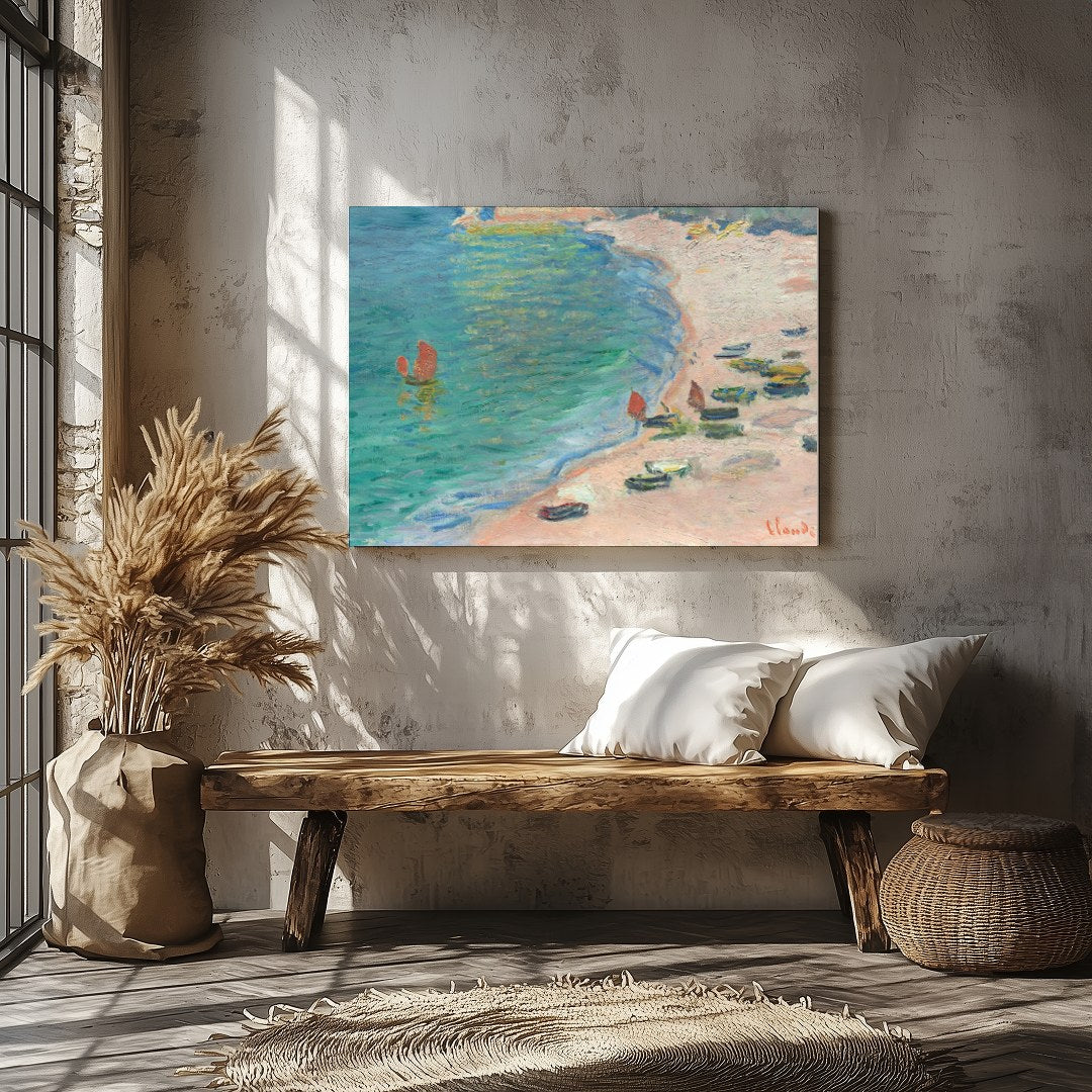 This Impressionist artwork captures a serene coastal scene, with small boats gently resting on a for Veranda