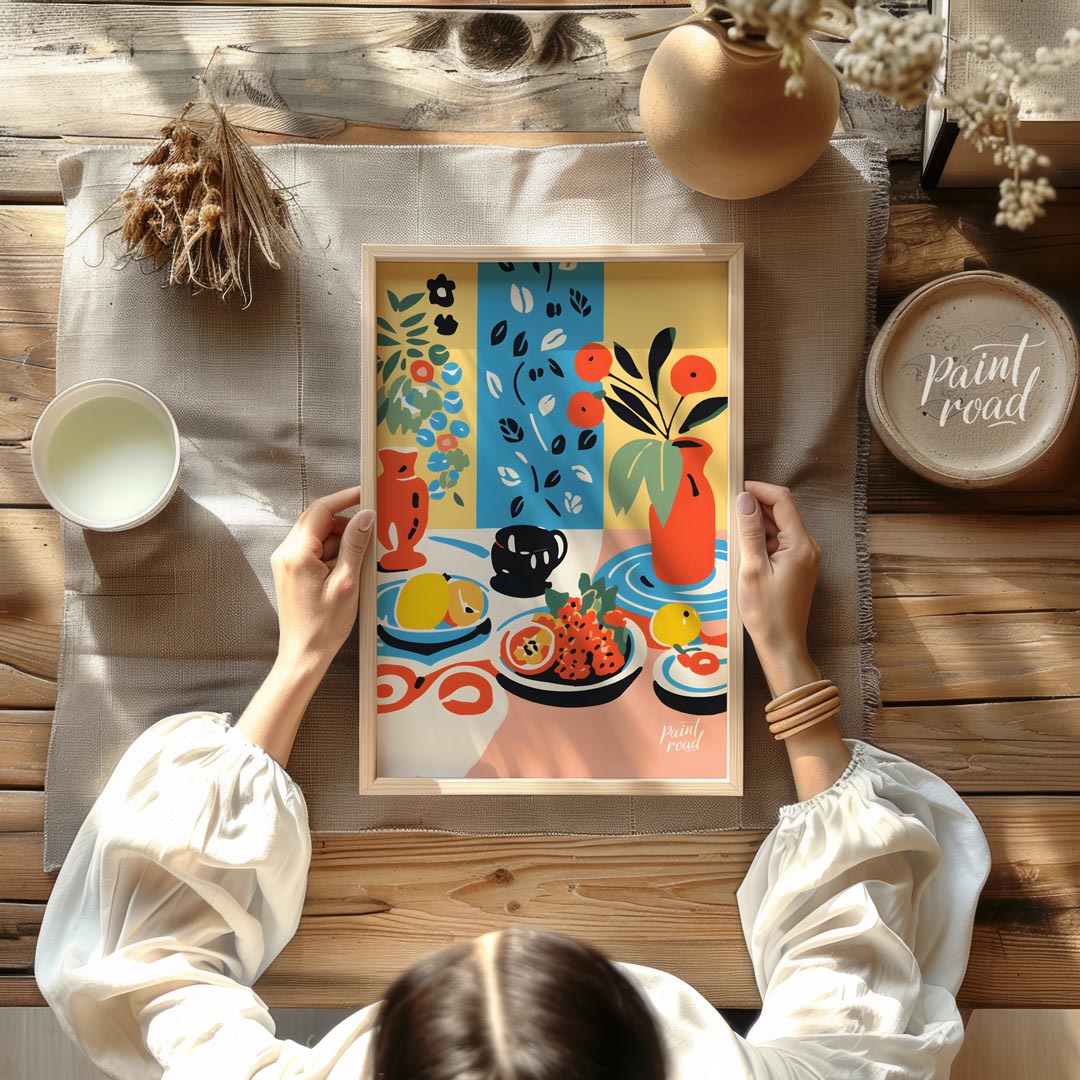 This visually rich and captivating poster presents a bohemian-inspired still life, brimming with vi… for dining room