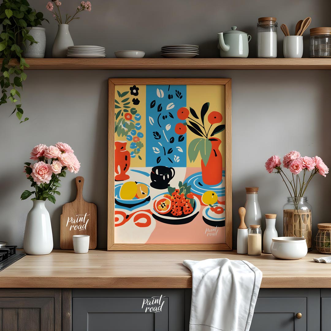 This visually rich and captivating poster presents a bohemian-inspired still life, brimming with vi… for kitchen