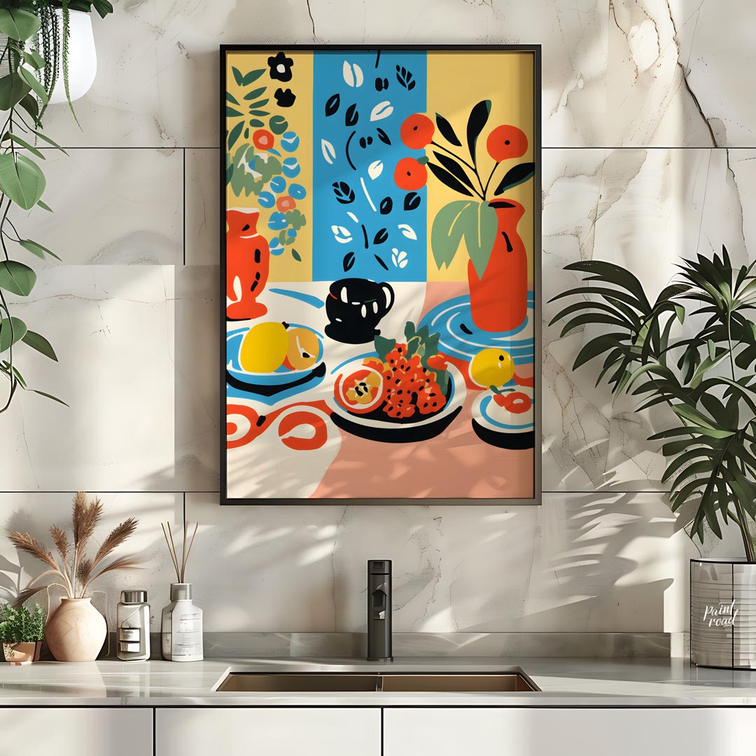 This visually rich and captivating poster presents a bohemian-inspired still life, brimming with vi… for kitchen