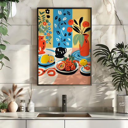This visually rich and captivating poster presents a bohemian-inspired still life, brimming with vi… for kitchen