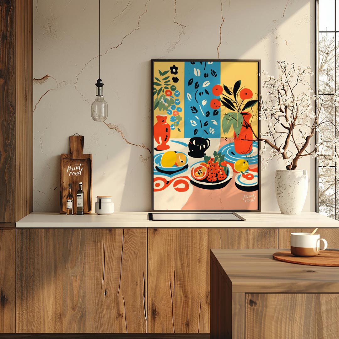 This visually rich and captivating poster presents a bohemian-inspired still life, brimming with vi… for kitchen