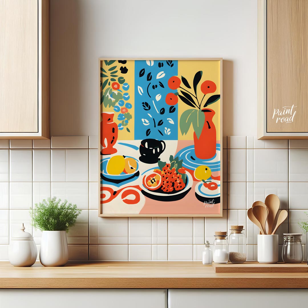 This visually rich and captivating poster presents a bohemian-inspired still life, brimming with vi… for kitchen