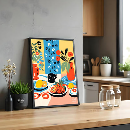 This visually rich and captivating poster presents a bohemian-inspired still life, brimming with vi… for kitchen