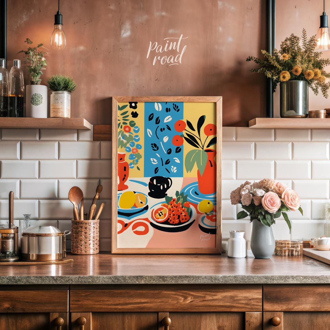 This visually rich and captivating poster presents a bohemian-inspired still life, brimming with vi… for kitchen