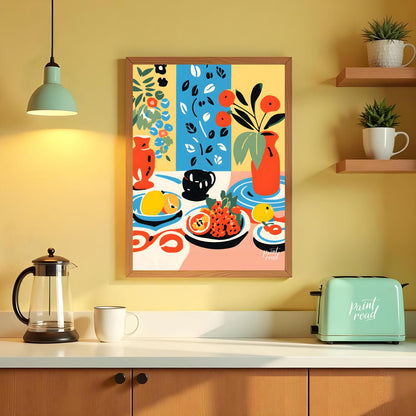 This visually rich and captivating poster presents a bohemian-inspired still life, brimming with vi… for kitchen