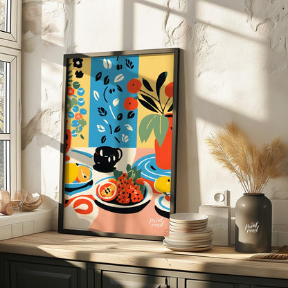 This visually rich and captivating poster presents a bohemian-inspired still life, brimming with vi… for kitchen
