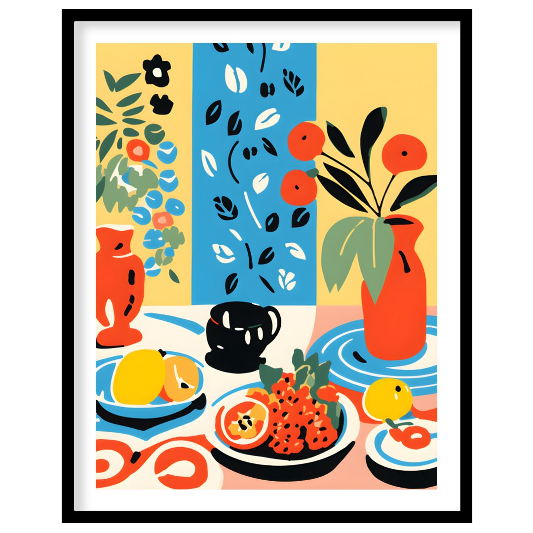 This visually rich and captivating poster presents a bohemian-inspired still life, brimming with vi… for room