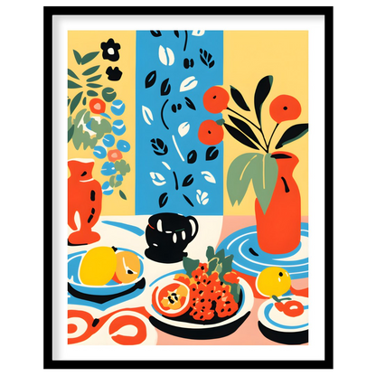 This visually rich and captivating poster presents a bohemian-inspired still life, brimming with vi… for room