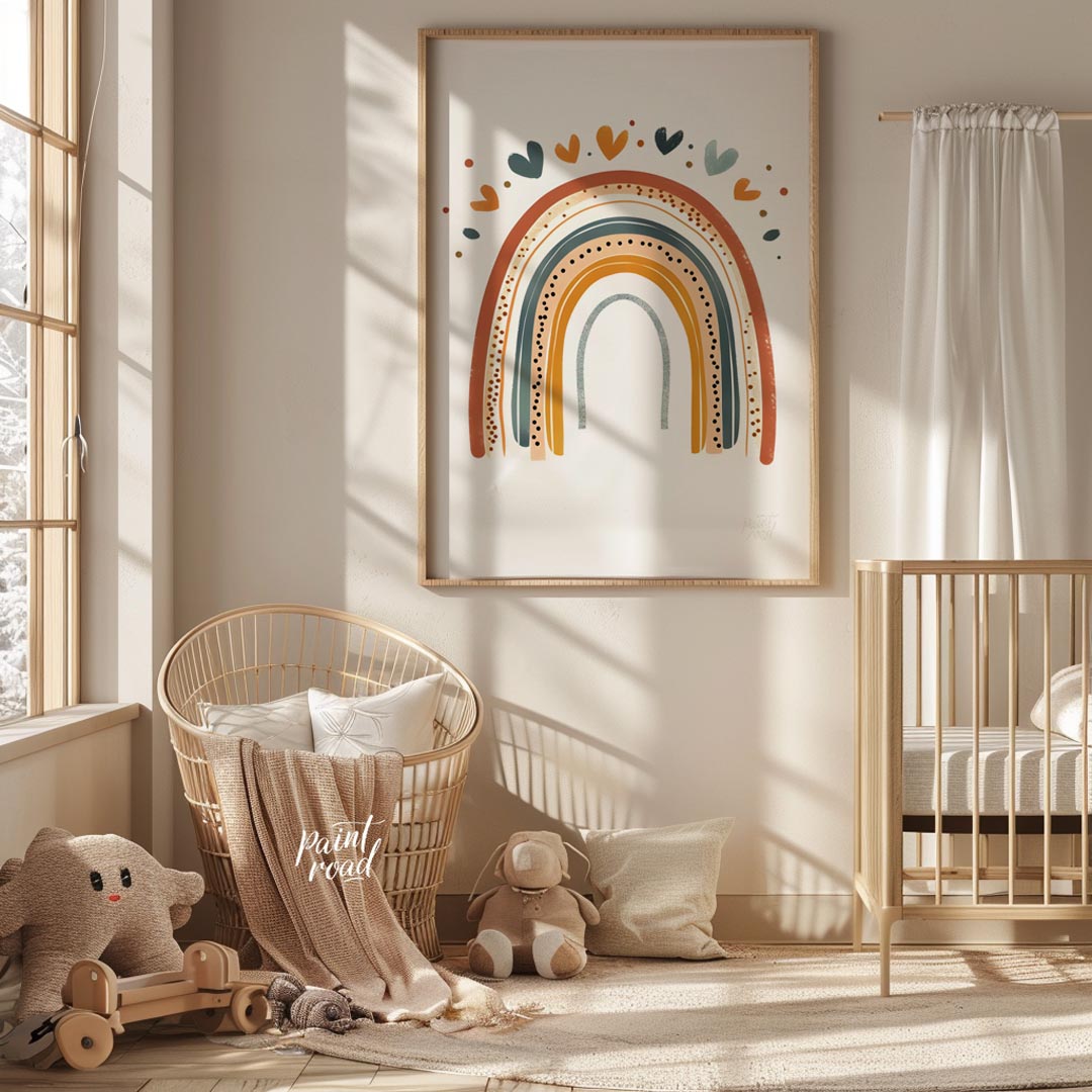 This stylish illustration presents a modern, bohemian-inspired rainbow adorned with a cascade of sm… for nursery