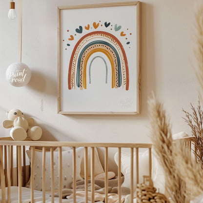 This stylish illustration presents a modern, bohemian-inspired rainbow adorned with a cascade of sm… for nursery