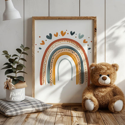This stylish illustration presents a modern, bohemian-inspired rainbow adorned with a cascade of sm… for nursery