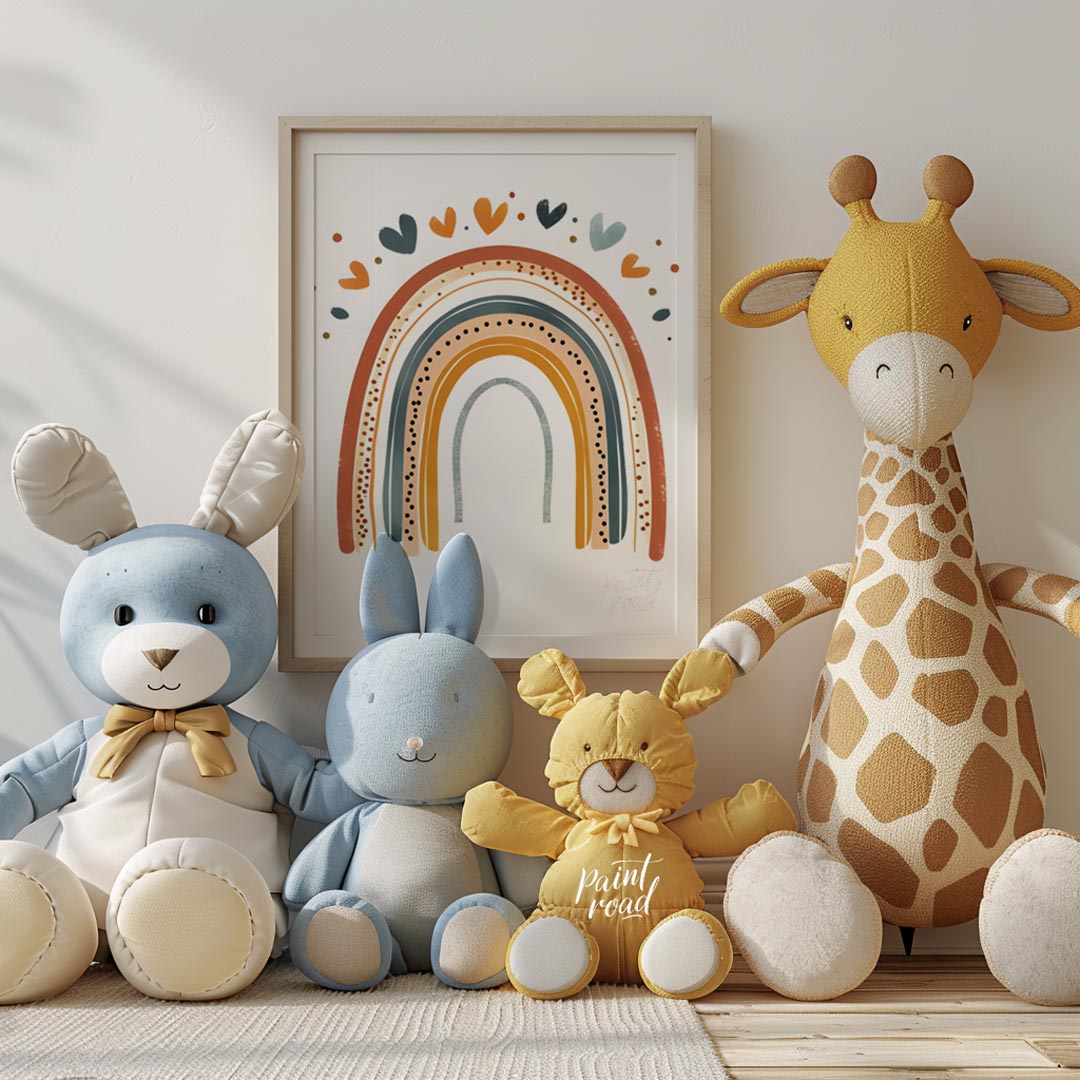 This stylish illustration presents a modern, bohemian-inspired rainbow adorned with a cascade of sm… for nursery