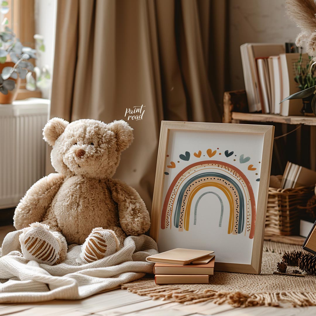 This stylish illustration presents a modern, bohemian-inspired rainbow adorned with a cascade of sm… for nursery