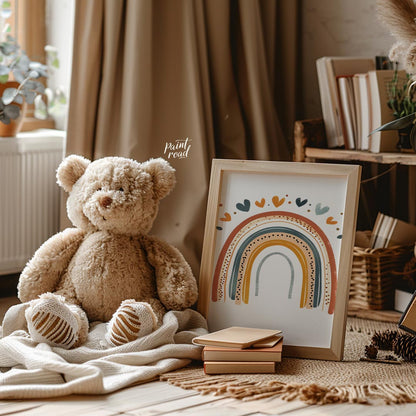 This stylish illustration presents a modern, bohemian-inspired rainbow adorned with a cascade of sm… for nursery