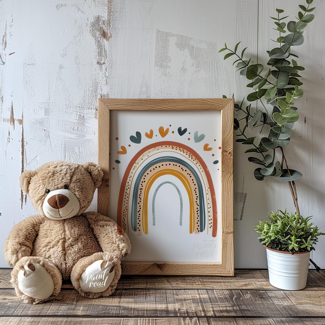 This stylish illustration presents a modern, bohemian-inspired rainbow adorned with a cascade of sm… for nursery