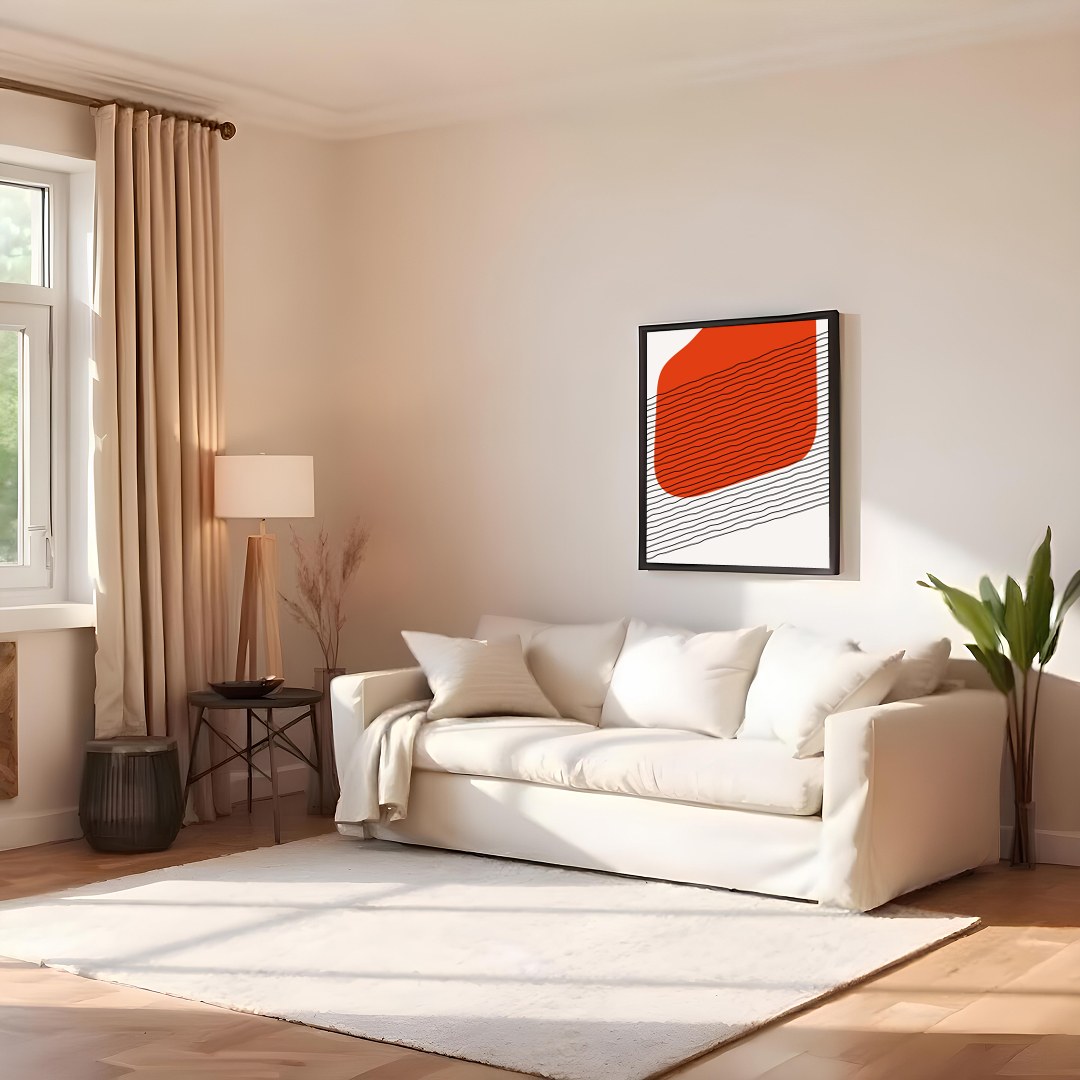 This captivating abstract wall art piece features a striking orange form set against contrasting for Family Room