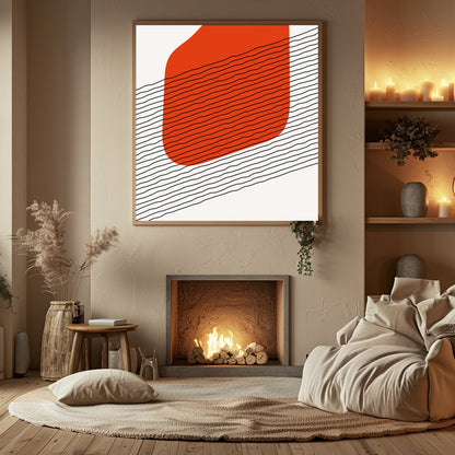 This captivating abstract wall art piece features a striking orange form set against contrasting for Hall