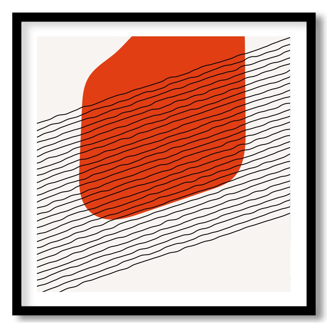 This captivating abstract wall art piece features a striking orange form set against contrasting for kitchen