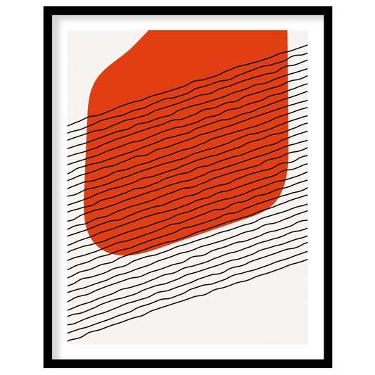 This captivating abstract wall art piece features a striking orange form set against contrasting for kitchen