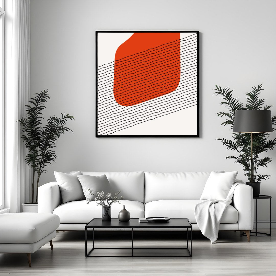 This captivating abstract wall art piece features a striking orange form set against contrasting for Sitting Area