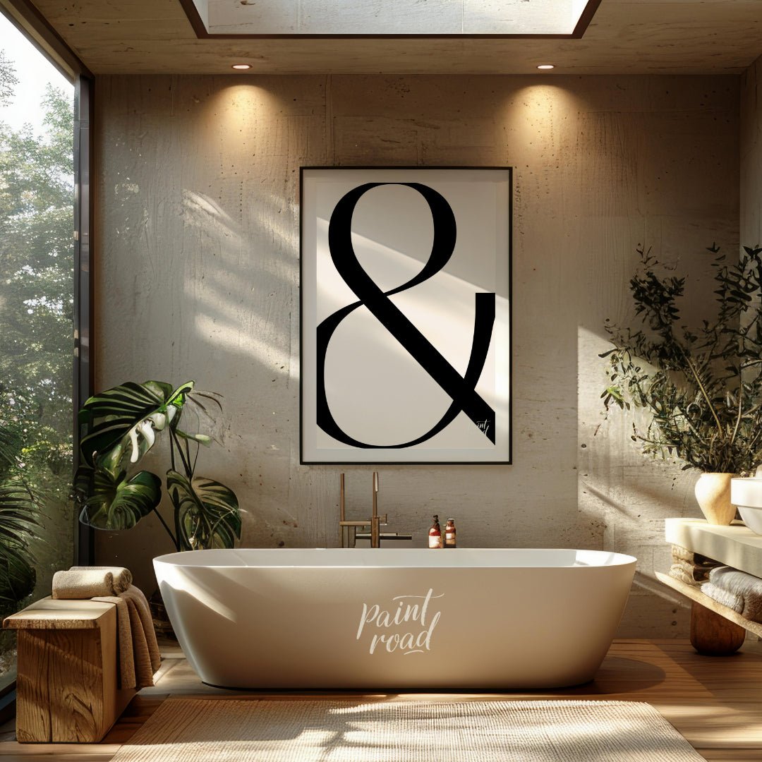 "Bold Ampersand" presents a minimalist graphic design featuring a large, black ampersand symbol aga… for bathroom