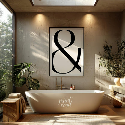"Bold Ampersand" presents a minimalist graphic design featuring a large, black ampersand symbol aga… for bathroom