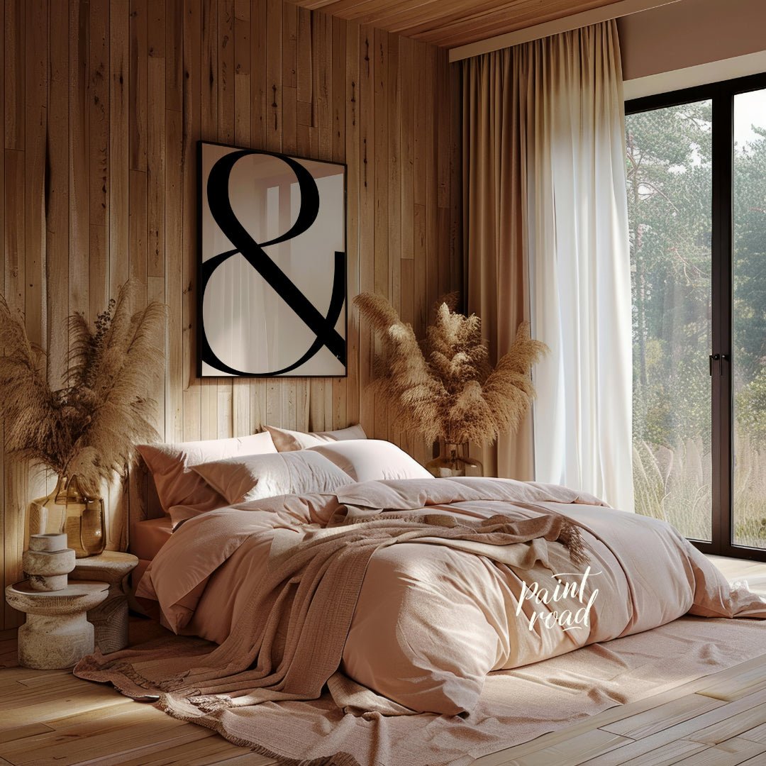 "Bold Ampersand" presents a minimalist graphic design featuring a large, black ampersand symbol aga… for bedroom