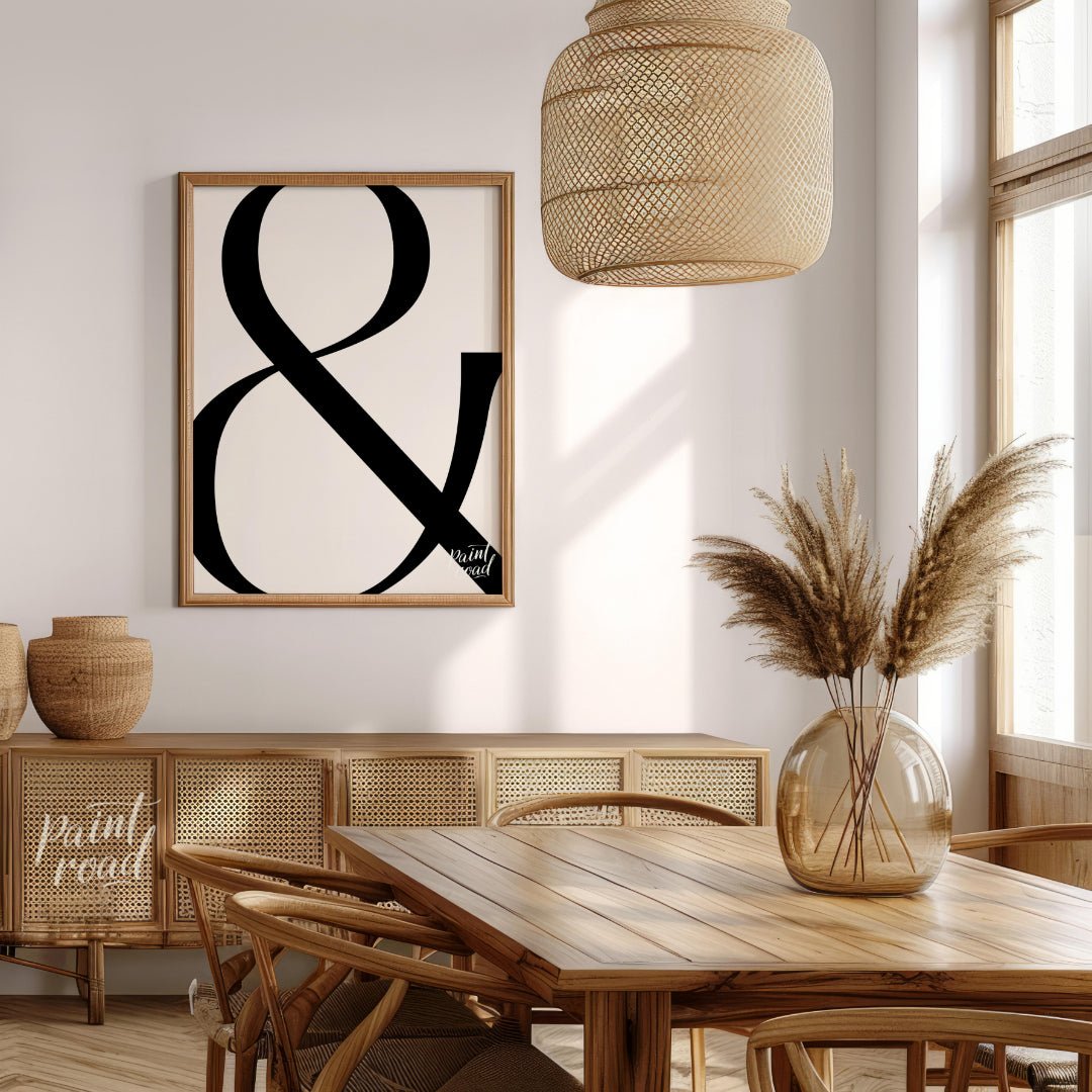 "Bold Ampersand" presents a minimalist graphic design featuring a large, black ampersand symbol aga… for dining room