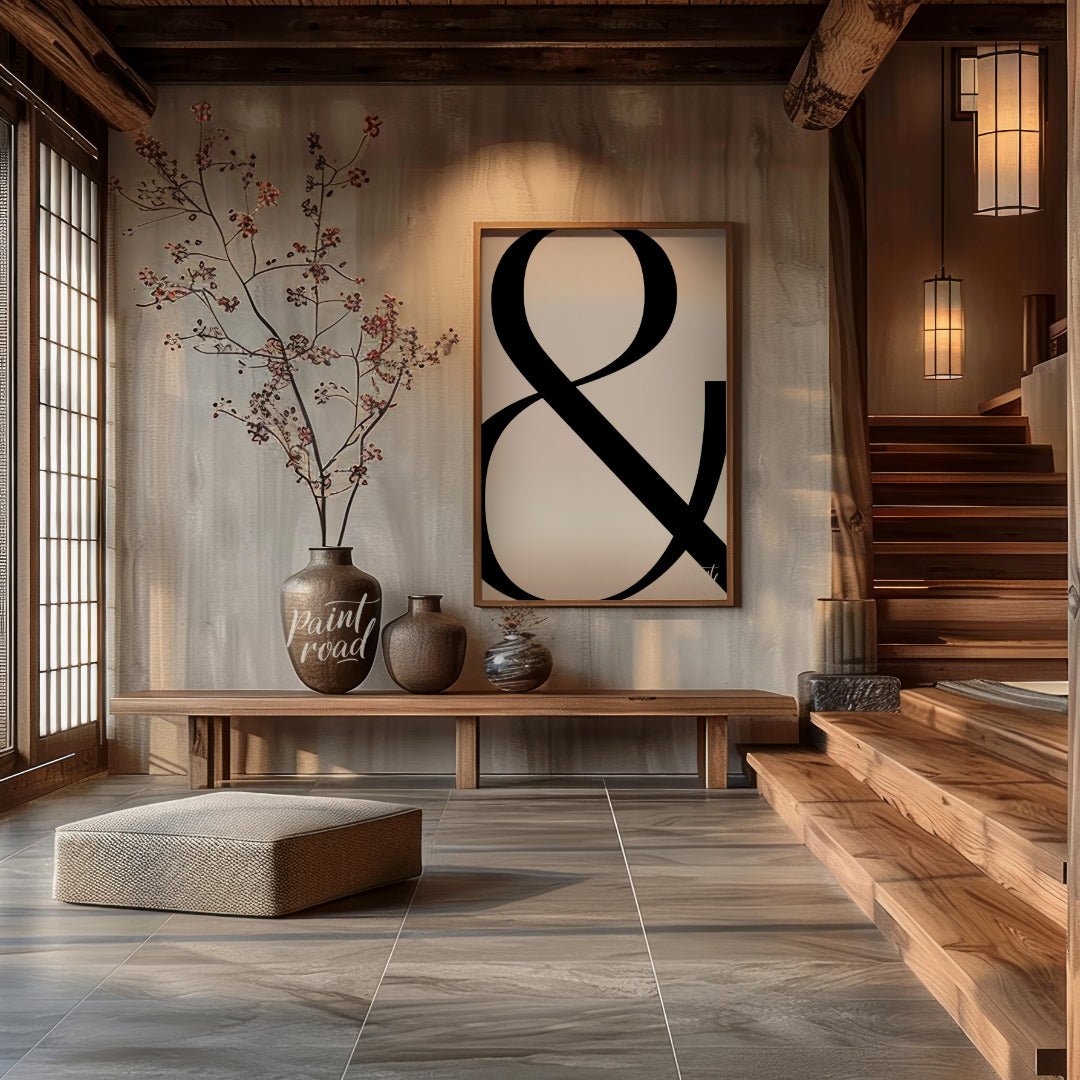 "Bold Ampersand" presents a minimalist graphic design featuring a large, black ampersand symbol aga… for entryway