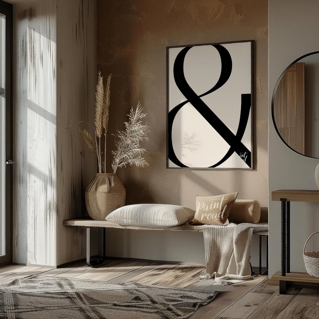"Bold Ampersand" presents a minimalist graphic design featuring a large, black ampersand symbol aga… for entryway