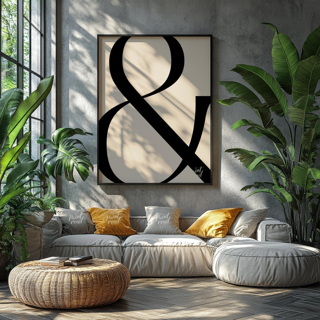"Bold Ampersand" presents a minimalist graphic design featuring a large, black ampersand symbol aga… for living room