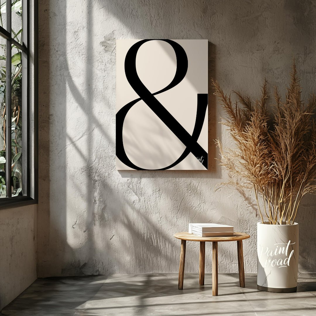 "Bold Ampersand" presents a minimalist graphic design featuring a large, black ampersand symbol aga… for living room