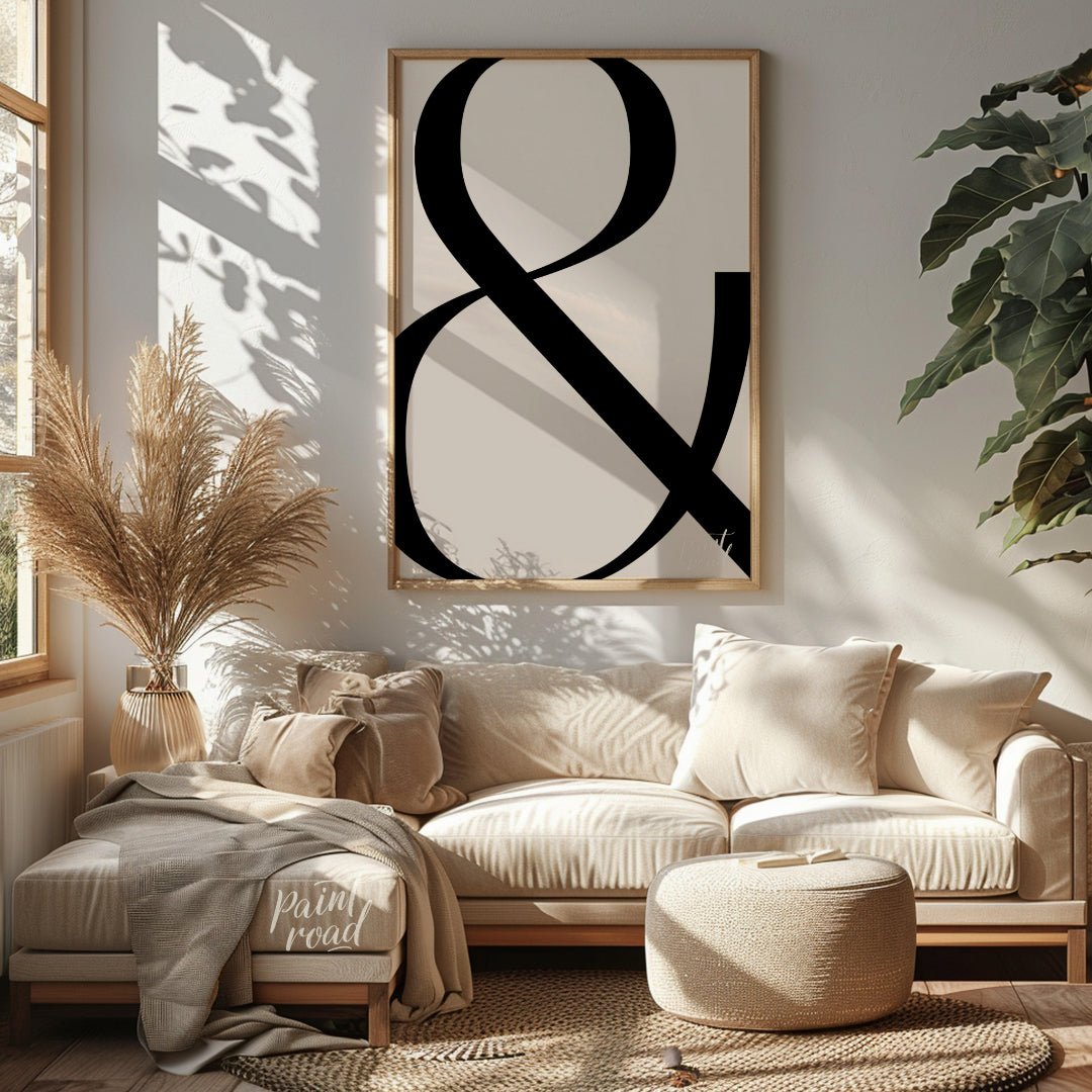 "Bold Ampersand" presents a minimalist graphic design featuring a large, black ampersand symbol aga… for living room