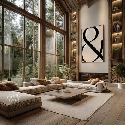 "Bold Ampersand" presents a minimalist graphic design featuring a large, black ampersand symbol aga… for living room