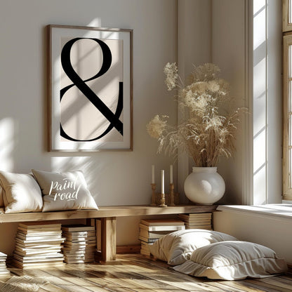 "Bold Ampersand" presents a minimalist graphic design featuring a large, black ampersand symbol aga… for living room