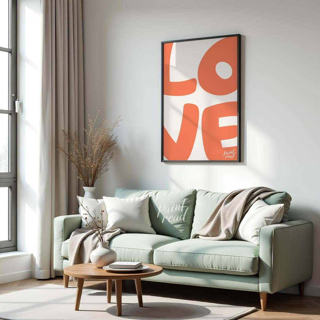 This image prominently displays the word “LOVE” in a large, bold, and rounded sans-serif font. The … for living room