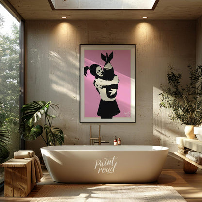 This poignant art print features Banksy’s famous “Bomb Hugger” stencil, depicting a small girl with… for bathroom